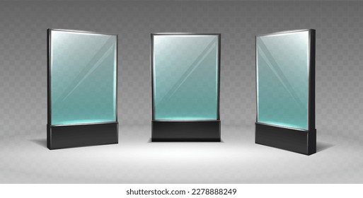 3d realistic vector icon display glass stand or acrylic table tent. front and side view. Empty menu frame.