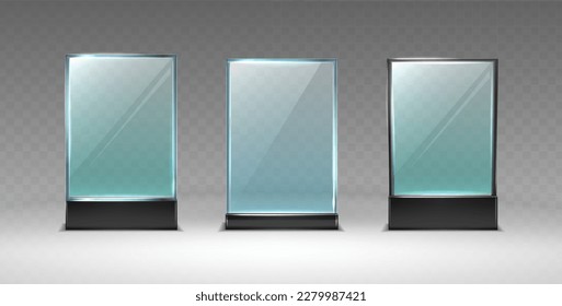 3d realistic vector icon display glass stand or acrylic table tent. Empty menu frame.