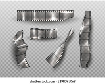 Icono vectorial 3d realista. Las tiras de película en diferentes formas en transparencia. Aislado. Concepto de cinema teater. 