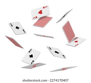  3d realistic vector icon. Flying playing cards of aces of diamonds clubs spades and hearts on white background, falling on the table.