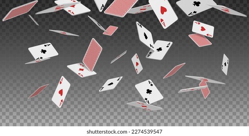  3d realistic vector icon. Flying playing cards of aces of diamonds clubs spades and hearts on transparent background, falling on the table.
