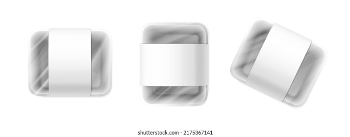 3d realistic vector icon. Food container mockup. White plastic box with transparent film. Isolated on white background.