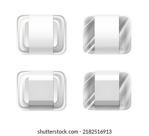 3d Realistic Vector Icon. Food Container Mockup. White Plastic Box With Transparent Film And Without, Top View. Isolated On White Background.