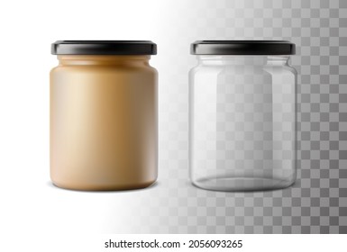3d realistic vector icon. Glass jar. Transparent can with plastic lid. Empty and full bottle.