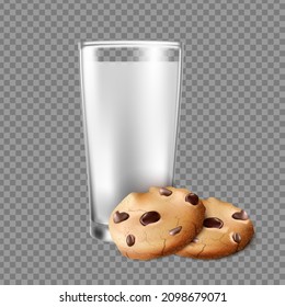 3d realistic vector icon. Glass of milk with chocolate butter cookies.