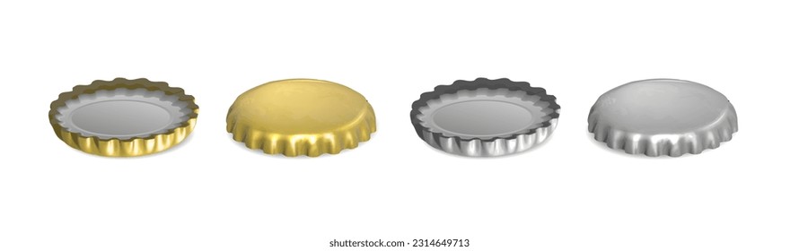 Icono vectorial 3d realista. Juego de tapas de cerveza de oro y plata en la vista superior e inferior. Aislado en blanco.