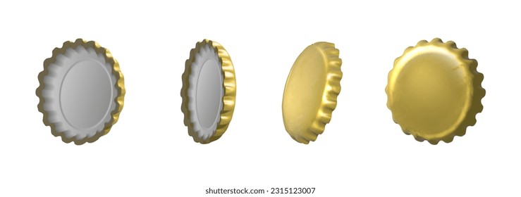 3d realistic vector icon. Gold beer caps in different side view. isolated.