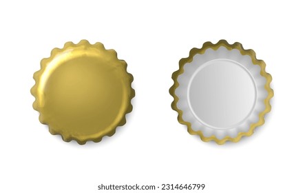 Icono vectorial 3d realista.  La botella de la corona dorada tiene una vista superior e inferior. Aislado sobre fondo blanco.