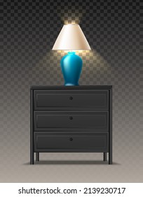 3d realistic vector icon. Gray bedside table with blue modern lapm on top with light. Isolated on transparent background.