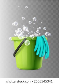 3d realistic vector icon. Green plastic bucket and  with colorful bubbles and gloves for floor mopping. bucket for cleaning and washing.