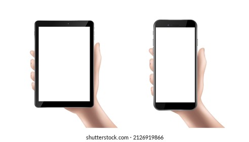 Icono vectorial 3d realista. Mano sosteniendo un teléfono. Aislado sobre fondo blanco. plantilla UX de interfaz de usuario.