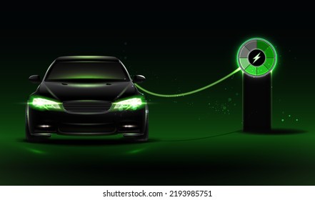 3d realistic vector icon. Hybrid car on charging station.