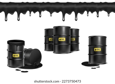 3d realistic vector icon illustartion. Hazard barrel in black oil splash, liquid splash and drops. Isolated on white background.