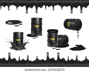 3d realistic vector icon illustartion. Hazard barrel in black oil splash, liquid splash and drops. Isolated on white background.