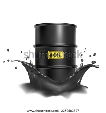 3d realistic vector icon illustartion. Hazard barrel in black oil splash. Isolated on white background.