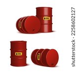 3d realistic vector icon illustration set. Red oil barrels.
