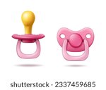 3d realistic vector icon illustration set. Pink cute baby girl pacifier in side and front view. Isolated on white.