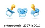 3d realistic vector icon illustration set. Blue baby boy pacifier in front side view. Isolated.