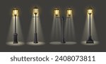 3d realistic vector icon illustration. Street lamps with light on dark background.