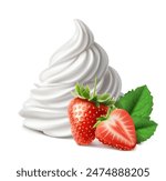 3d realistic vector icon illustration. White whipped cream with whole strawberry and half strawberry with leaves.