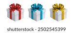 3d realistic vector icon illustration. Set of white gift boxes with red, blue or gold  silky ribbons bow. Present box isolated on white background.