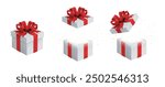 3d realistic vector icon illustration. Open and closed white gift boxes with red silky ribbon bow. Present box with glow inside isolated on white background.