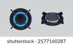 3d realistic vector icon illustration. Kitchen appliance. Gas cooking stove blue fire burner in top and side view. 