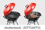 3d realistic vector icon illustration. Cooking appliance, meat and sausage barbecue grill with hot fire coals and smoke side view with red cover. 