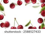 3d realistic vector icon illustration. Fresh red cherries with stem and leaf or without and blurry effect. Pattern frame.