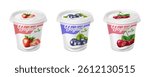 3d realistic vector icon illustration set. Set of creamy yogurt containers for packaging. Cherry, strawberry, blackberry Greek Yogurt.