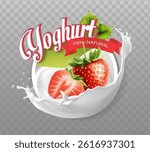 3d realistic vector icon illustration. Creamy yogurt or milk splash with strawberries. Berry milk splash.
