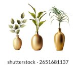 3d realistic vector icon illustration. Set of  plants in golden vases in different shape.