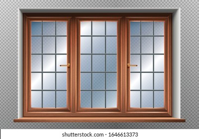 Icono vectorial 3d realista de la ventana enmarcada de madera. Aislado.