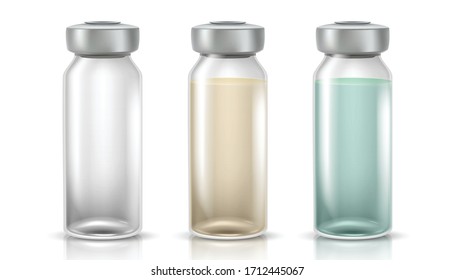 3d realistic vector icon illustration of medicinal glass bottles for injections or vaccines. Isolated on white background.