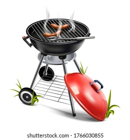 3d realistic vector icon illustration of a grill with sausages and smoke. Isolated on white background.