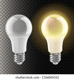 3d realistic vector icon illustration of light bulb without and with light. Isolated on transparent background.