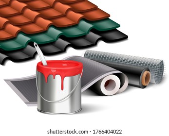 3d realistic vector icon illustration of construction works elements, bucket of red paint, wallpaper rolls and tiled roof sample pieces in different colors. Isolated on white decoration materials.