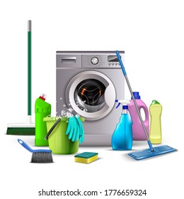 3d realistic vector icon illustration of cleaning products, kitchen and bathroom equipment for washing, toilet, broom, bucket with water and sponge, washing machine with brooms..