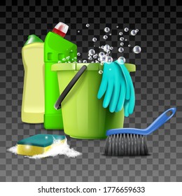 3d realistic vector icon illustration of cleaning products, kitchen and bathroom equipment for washing, toilet, broom, bucket with water and sponge.