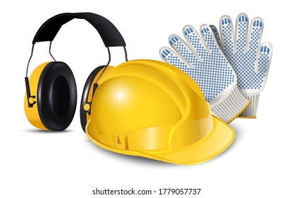 3d realistic vector icon illustration of worker safety equipment, hard helmet, headphones and gloves. Isolated on white background. 