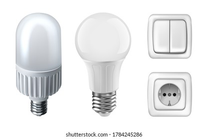 3d realistic vector icon illustration of white light bulbs, electricity plugs and light switchers. Isolated on white background.