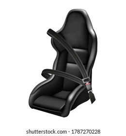 3d realistic vector icon illustration of sport car black leather car seat  with fasten seat belt. Side view.