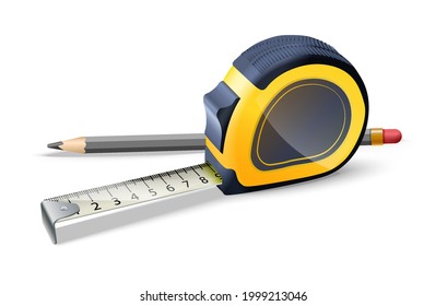 3d realistic vector icon illustration of construction ruler and pencil. Isolated on white background.