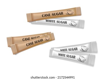 3d realistic vector icon illustration. White and cane sugar tubes paper bags. Isolated on white background.