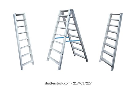 3d realistic vector icon illustration. Metal ladder in front and side view, isolated on white background.