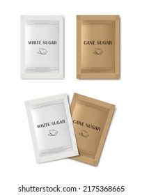 3d realistic vector icon illustration. Rectangular sugar sachet. Cane and white sugar.