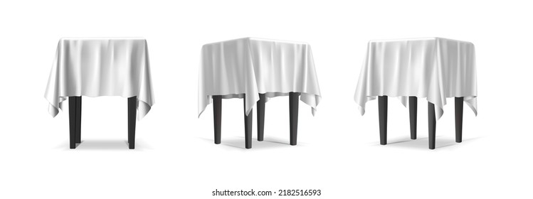 3d realistic vector icon illustration. Table covered with white cloth. side, front view. Isolated on white background.