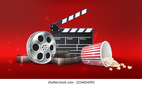 3d realistic vector icon illustration. Movie night time background. With red bucket of popcorn, movie clap board, movie roll. Isolated on red background.