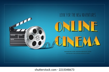 3d realistic vector icon illustration. Movie night concept background. With film roll and film clapping board.
