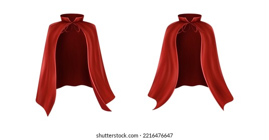 3d realistic vector icon illustration. Set of red capes.  Flowing, wavy fabric for carnival, vampire, witches or illusionists.